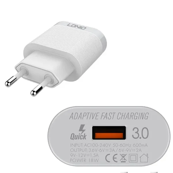 Carregador Ldnio 18W QC3.0 1xUSB-A Branco/Cinza - A303Q-L