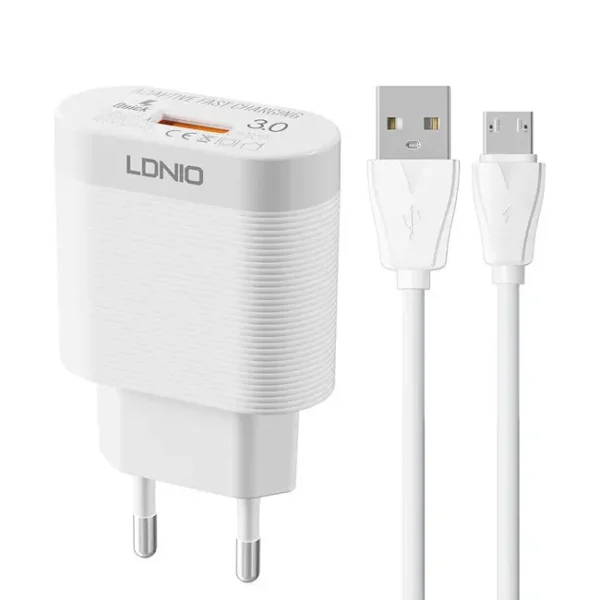 Carregador Ldnio 18W QC3.0 1xUSB-A + Cabo Micro 1M Branco/Cinza - A303Q-M