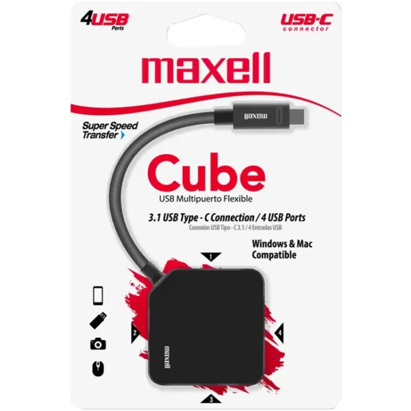 Hub USB C Maxell 4xUSB A 3.0 Cubo Preto - 347646