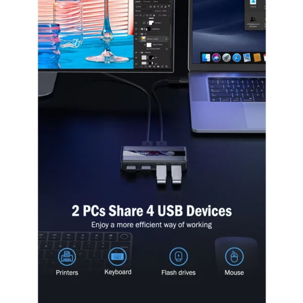HUB KVM USB Switch 2x Saídas 4x Entradas USB-A 3.0