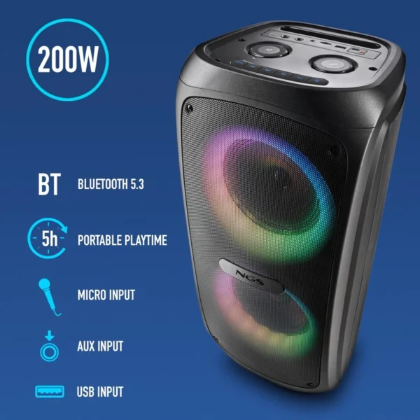 Coluna Bluetooth Portátil NGS Wildtemper 200W TWS/USB/AUX LED RGB 435430625837