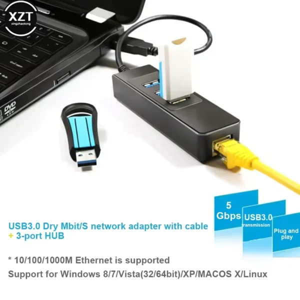 HUB USB-A Para 3xUSB-A 1xGigabit Ethernet RJ45