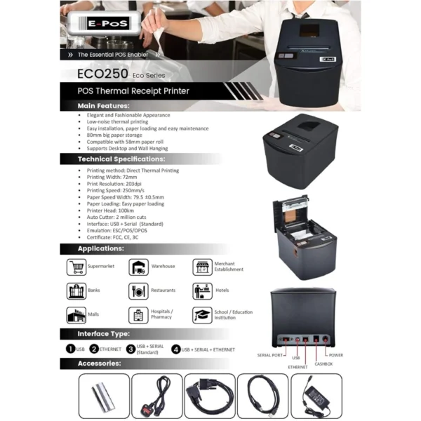 Impressora Térmica POS ECO250US 80mm USB, Serial