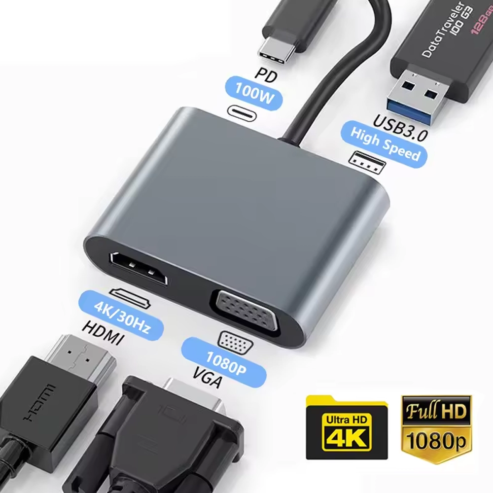 Docking USB-C 4 em 1, HDMI 4K, USB-A, VGA, Thunderbolt 2 Docking USB-C 4 em 1, HDMI 4K, USB-A, VGA, Thunderbolt