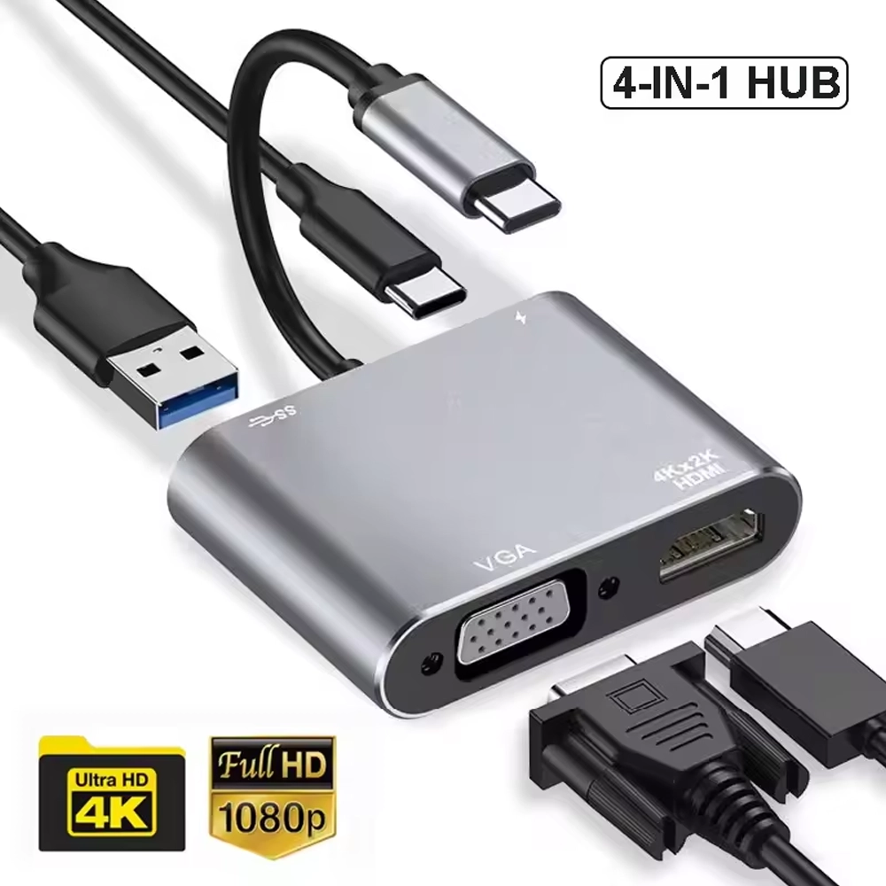 Docking USB-C 4 em 1, HDMI 4K, USB-A, VGA, Thunderbolt 1 Docking USB-C 4 em 1, HDMI 4K, USB-A, VGA, Thunderbolt