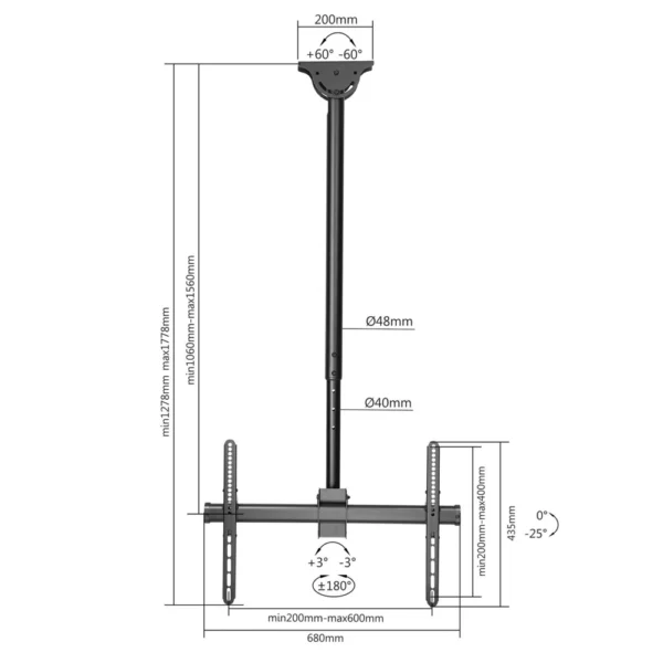 Suporte de TV Para Teto Manhattan 462204 37" a 70" 50Kg Ajustável 360º Preto