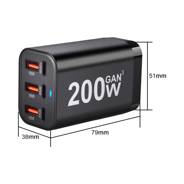 Carregador USB 200W GAN3 3xUSB-C 3xUSB-A PD QC3.0 YMS-618