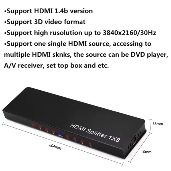 Splitter HDMI 1x8 UHD 4K@30Hz 3D 1 Entrada 8 Saídas HDMI-SPLITTER-1X8
