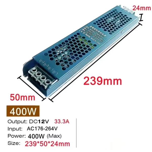 Fonte de Alimentação 12V 33.3A 400W AC 175V-265V Ultrafino 239x50x24mm