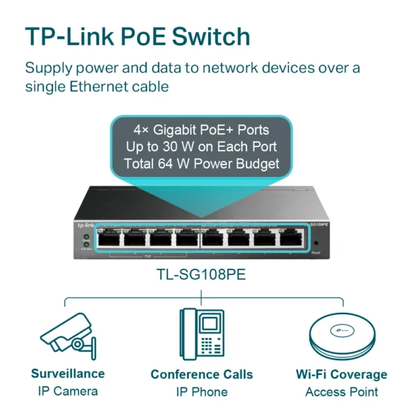 Switch 8 Portas TP-Link TL-SG108PE Gigabit Easy Smart 4xPOE Metal