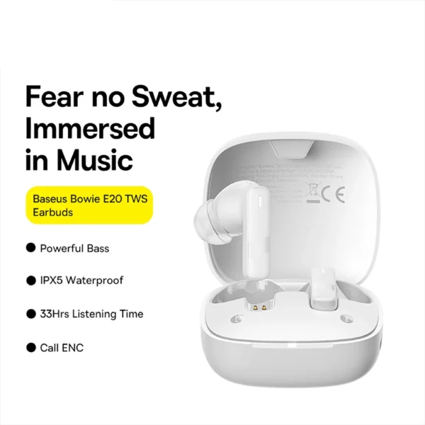 Auriculares Baseus Bowie E20 TWS Bluetooth 5.3, 33h de Bateria, ENC, IPX5 – Branco 6932172655983