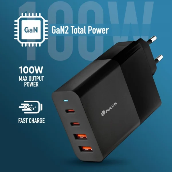 Carregador USB 100W NGS BUD GAN Ultrarrápido 2USB-C + 2USB-A Preto 435430624694
