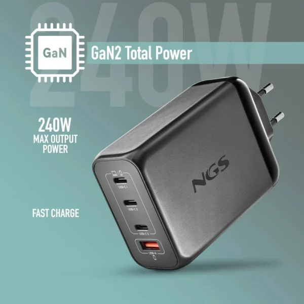 Carregador USB 240W NGS BUD GAN Ultrarrápido 3USB-C + 1USB-A Preto 435430626384