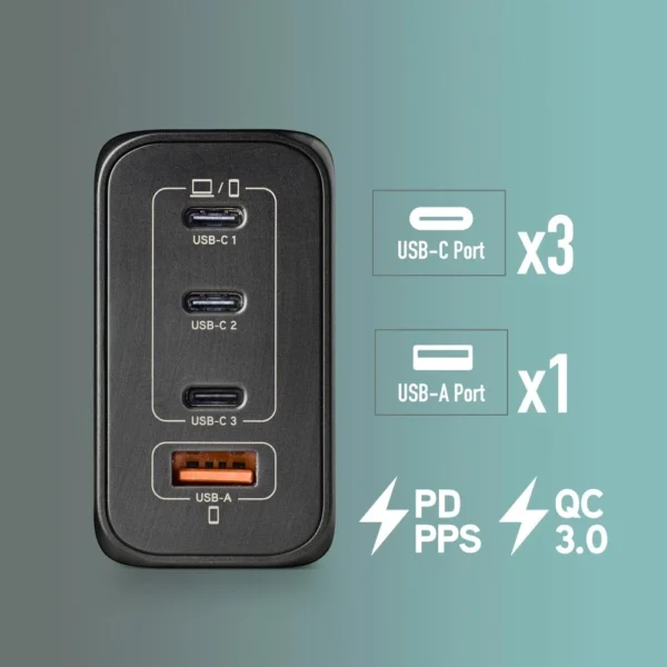 Carregador USB 240W NGS BUD GAN Ultrarrápido 3USB-C + 1USB-A Preto 435430626384