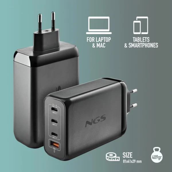 Carregador USB 240W NGS BUD GAN Ultrarrápido 3USB-C + 1USB-A Preto 435430626384