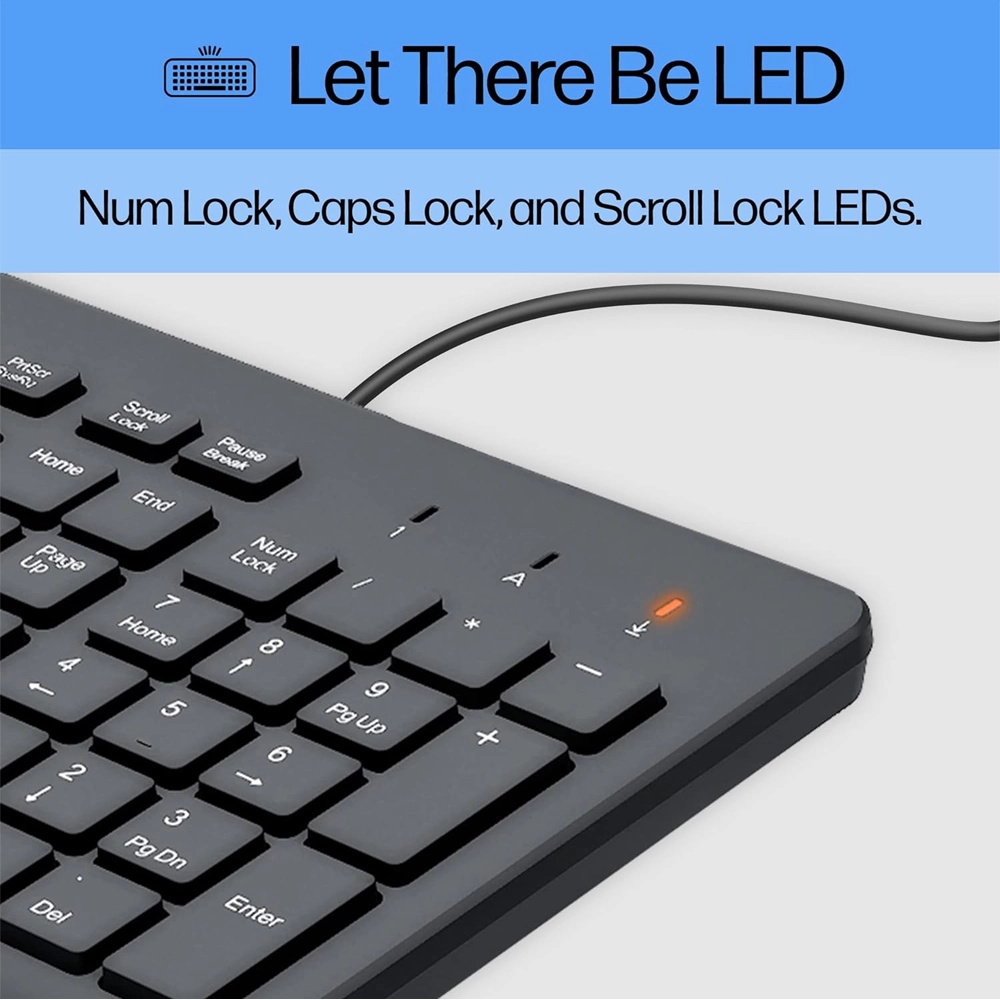 Teclado Com Fios HP 150 USB Preto – Ergonómico, Silencioso 5 Teclado com Fios HP 150 USB Preto – Design Ergonómico, Escrita Silenciosa e Layout Completo (664R5AA)