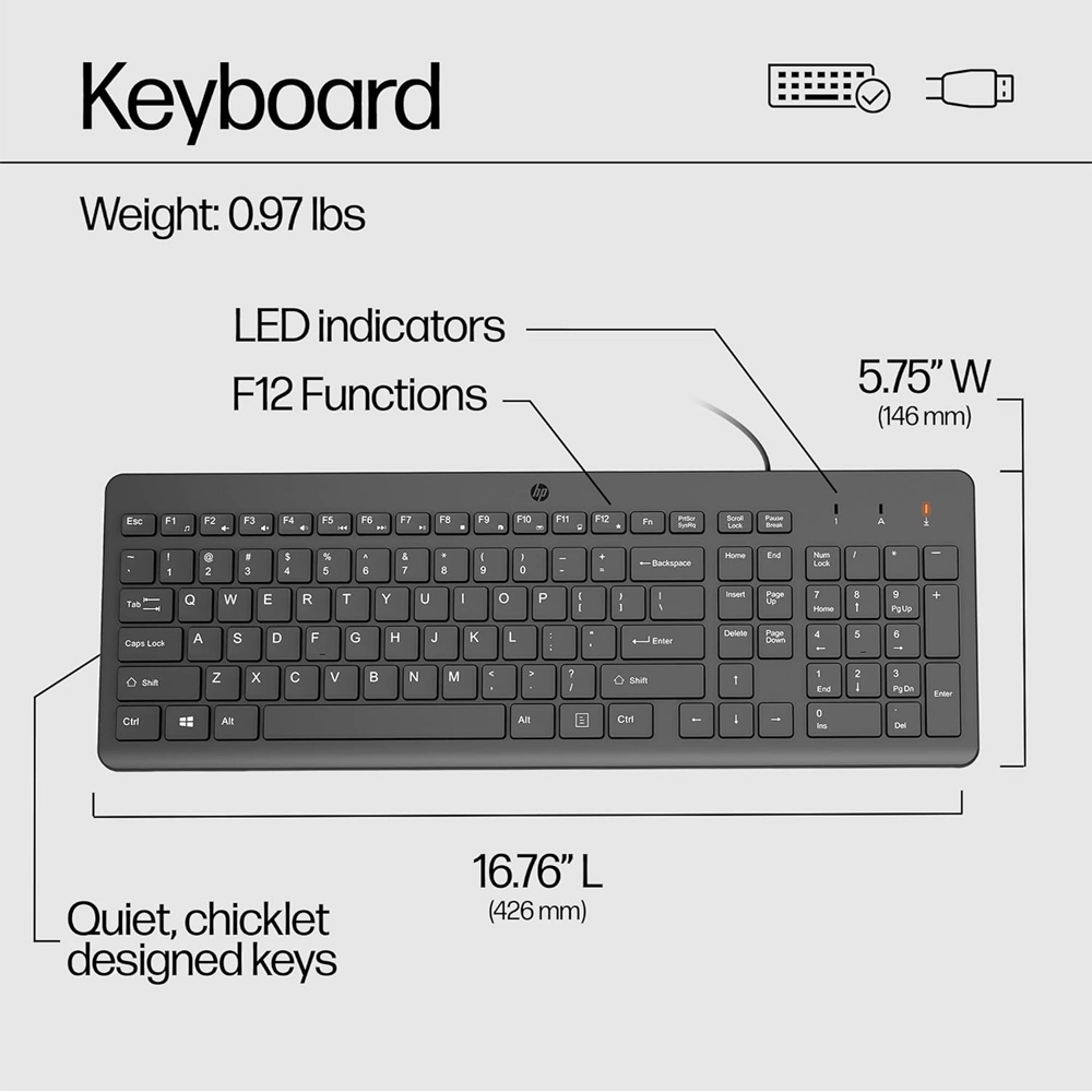 Teclado Com Fios HP 150 USB Preto – Ergonómico, Silencioso 6 Teclado com Fios HP 150 USB Preto – Design Ergonómico, Escrita Silenciosa e Layout Completo (664R5AA)