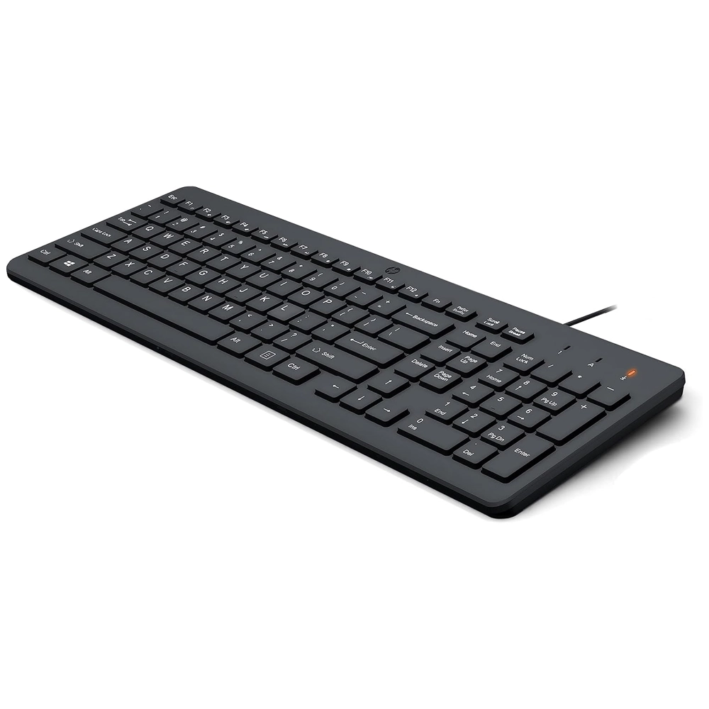 Teclado Com Fios HP 150 USB Preto – Ergonómico, Silencioso 1 Teclado com Fios HP 150 USB Preto – Design Ergonómico, Escrita Silenciosa e Layout Completo (664R5AA)