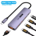 HUB USB-C 5 Portas | 4x USB-C + 1x USB-A 3.2 | Velocidade 10Gbps | Power Delivery 100W | Estação de Dados Ultra-Rápida