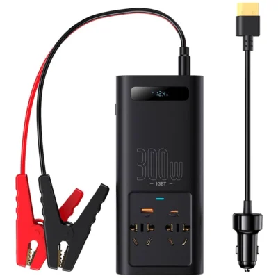 Inversor de Energia Para Carro Baseus IGBT 300W DC 12V/24V Para AC 220V USB-C Preto